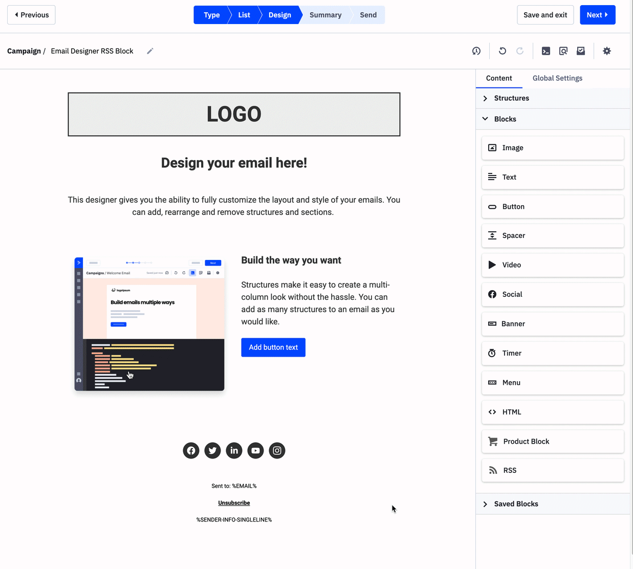 Email design page on ActiveCampaign