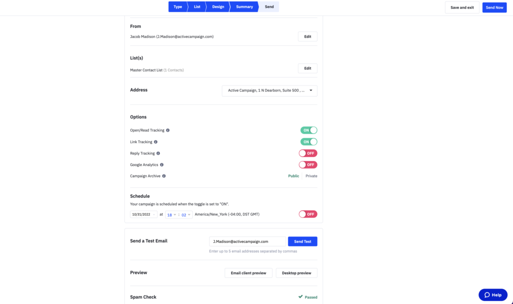 Email send options in ActiveCampaign