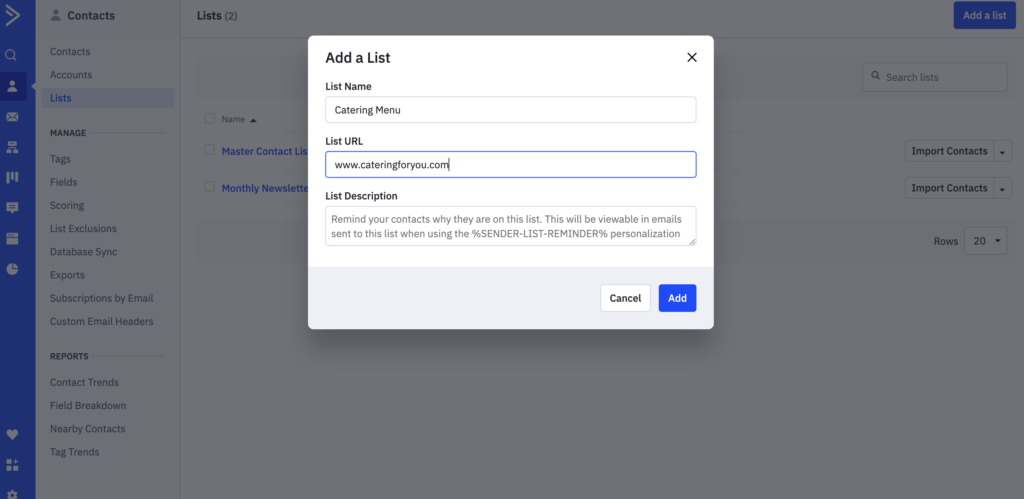 Add a list modal in ActiveCampaign
