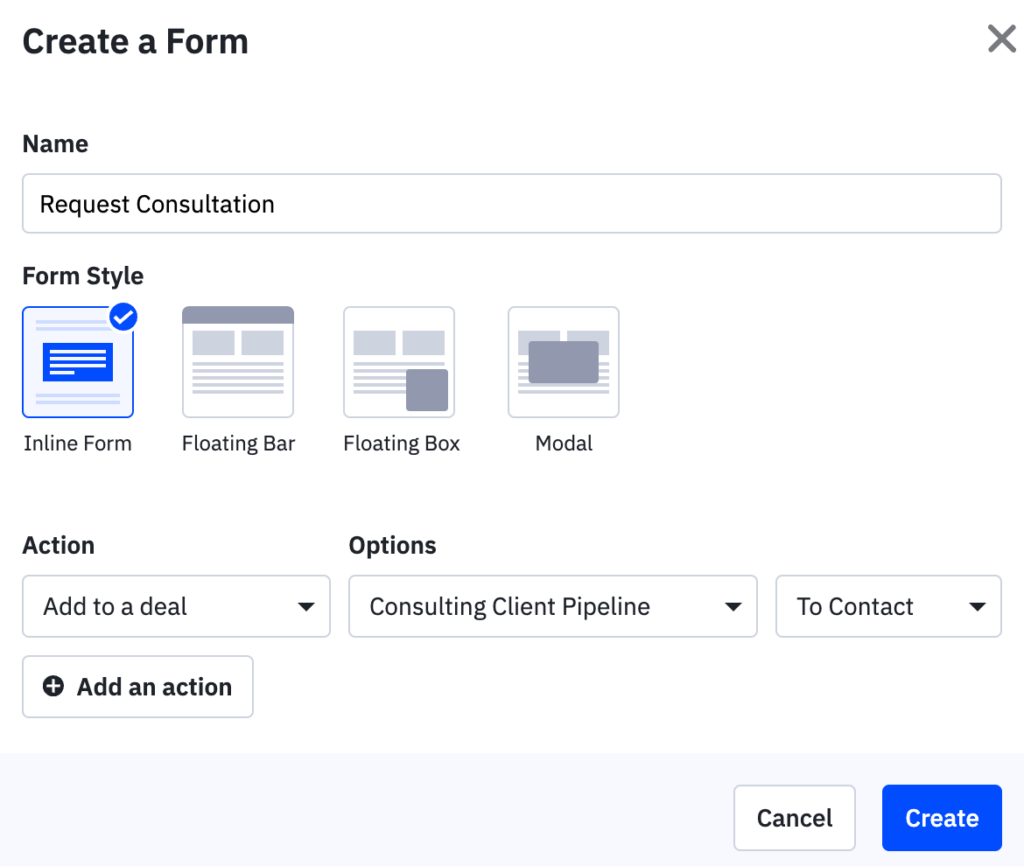 Form creation box in ActiveCampaign