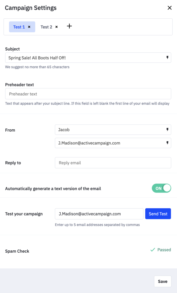 Campaign settings in ActiveCampaign