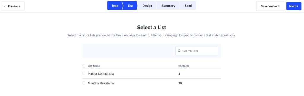 Select a list tab in ActiveCampaign