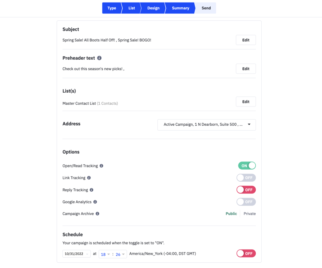 Summary tab in ActiveCampaign